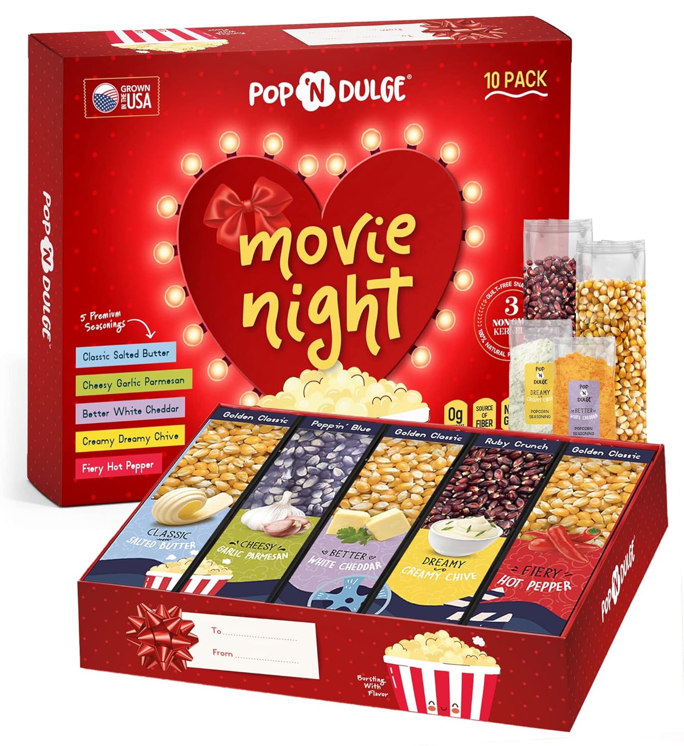 Movie Night Popcorn - 10 Piece Set, 5 Gourmet Popcorn Kernels and 5 Popcorn Seasoning Flavoring, Kosher Gift Basket